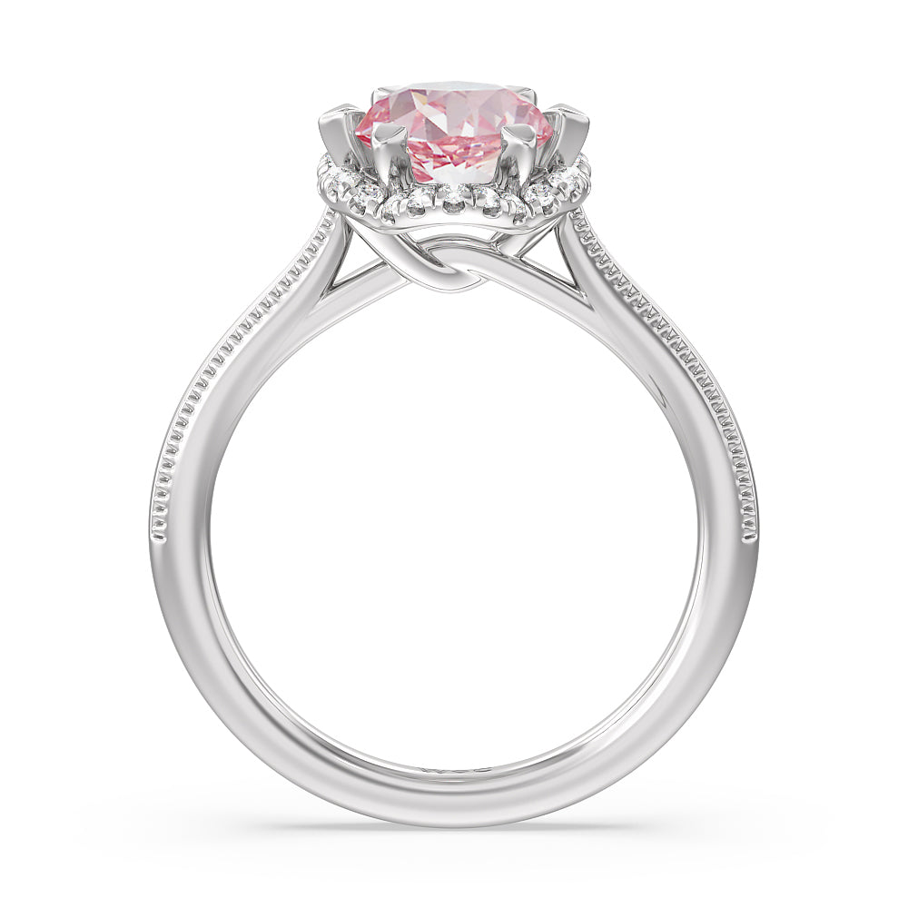Oval Cut Fancy Pink Floral Halo Cathedral Engagement Ring with Lab Grown Diamond in 14KT Platinum view 3
