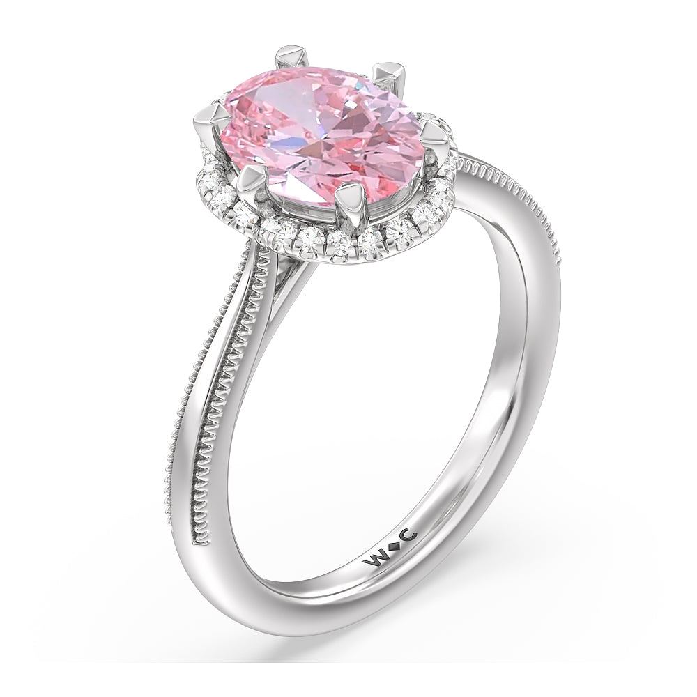 Oval Cut Fancy Pink Floral Halo Cathedral Engagement Ring with Lab Grown Diamond in 14KT Platinum view 2

