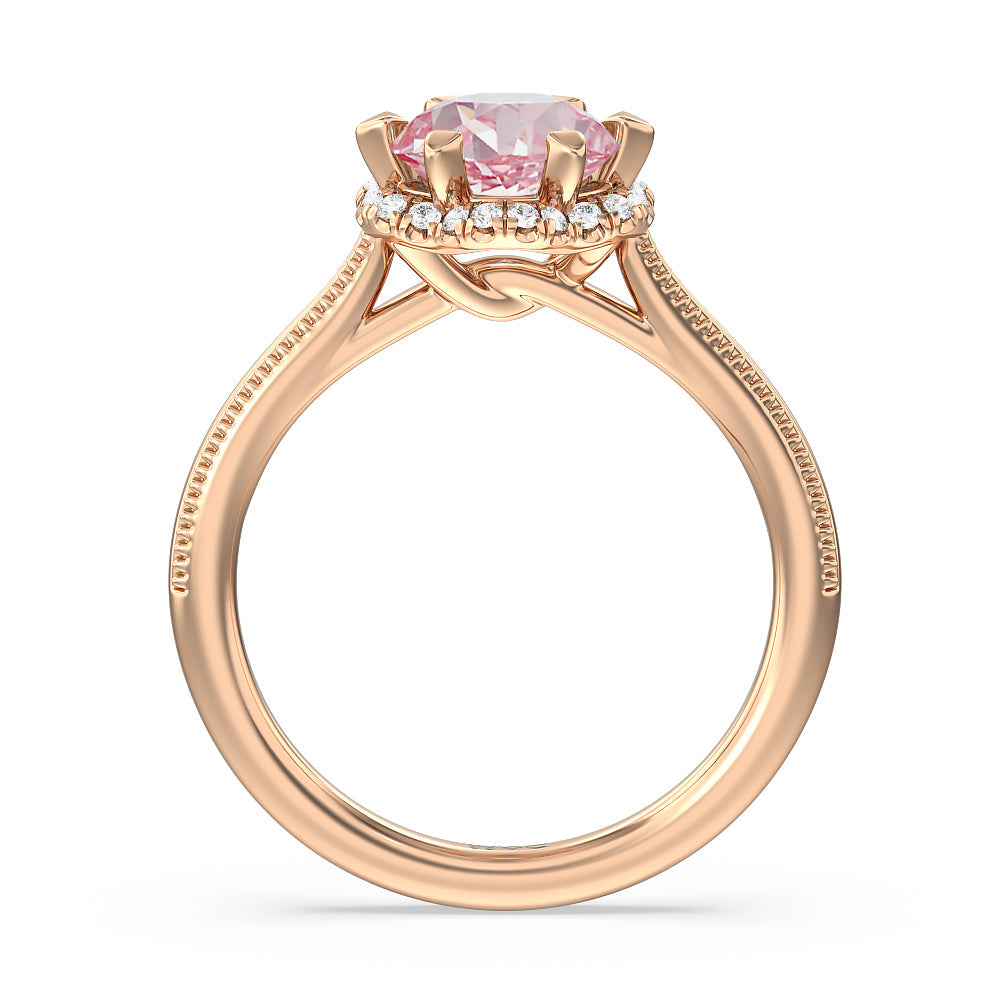 Round Cut Fancy Pink Floral Halo Cathedral Engagement Ring with Lab Grown Diamond in 14KT Rose Gold view 2
