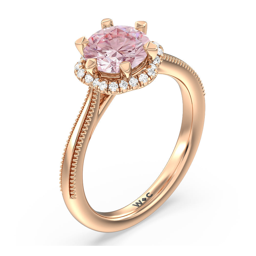 Round Cut Fancy Pink Floral Halo Cathedral Engagement Ring with Lab Grown Diamond in 14KT Rose Gold view 3
