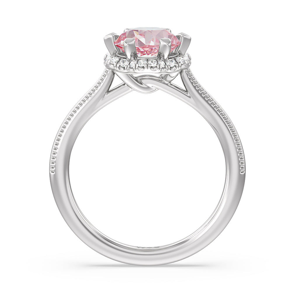 Round Cut Fancy Pink Floral Halo Cathedral Engagement Ring with Lab Grown Diamond in 14KT Platinum view 2
