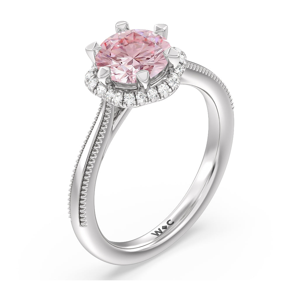 Round Cut Fancy Pink Floral Halo Cathedral Engagement Ring with Lab Grown Diamond in 14KT Platinum view 3

