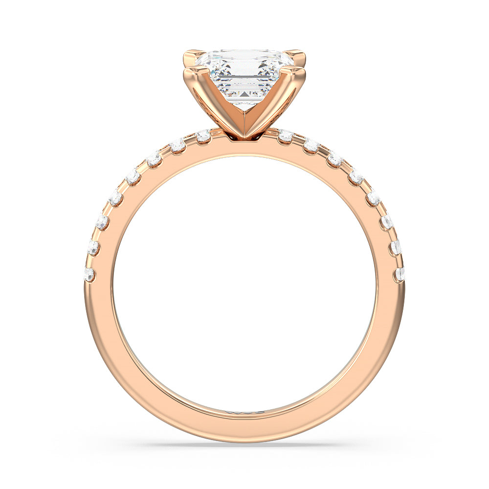 Vela Medi Traditional Pave Diamond Engagement Ring with Asscher Cut Diamond in 14KT Rose Gold view 2
