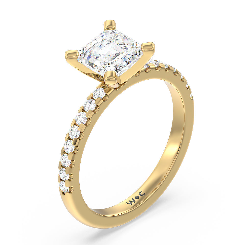 Vela Medi Traditional Pave Diamond Engagement Ring with Asscher Cut Diamond in 14KT Yellow Gold view 3
