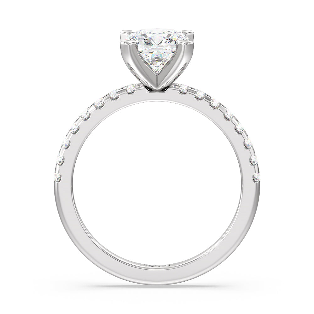 Vela Medi Traditional Pave Diamond Engagement Ring with Cushion Cut Diamond in 14KT Platinum view 2
