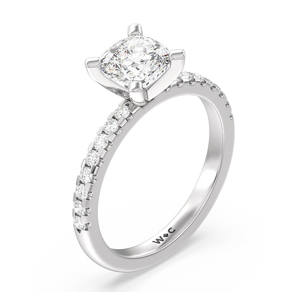 Vela Medi Traditional Pave Diamond Engagement Ring with Cushion Cut Diamond in 14KT Platinum view 3
