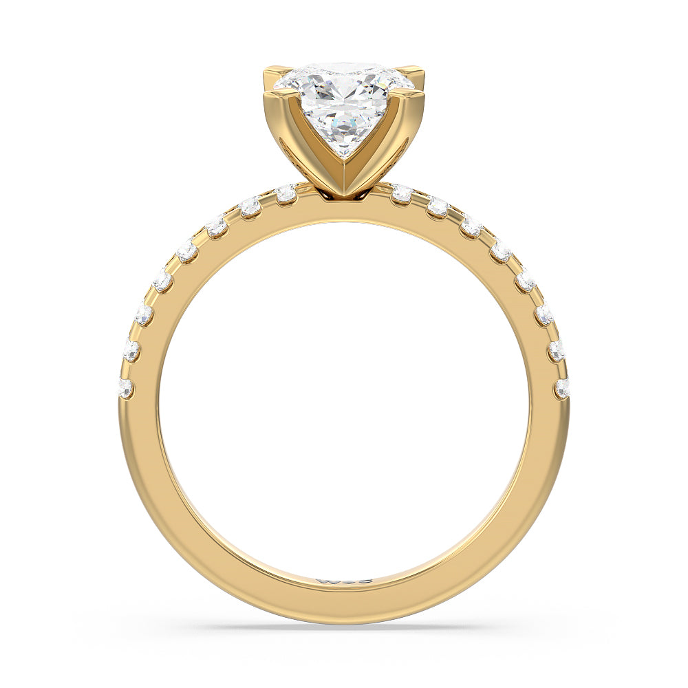 Vela Medi Traditional Pave Diamond Engagement Ring with Cushion Cut Diamond in 14KT Yellow Gold view 2
