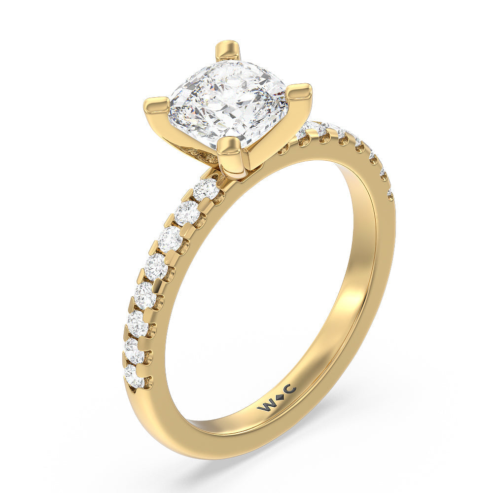 Vela Medi Traditional Pave Diamond Engagement Ring with Cushion Cut Diamond in 14KT Yellow Gold view 3

