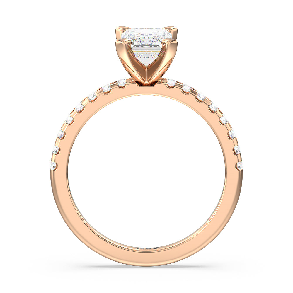 Vela Medi Traditional Pave Diamond Engagement Ring with Emerald Cut Diamond in 14KT Rose Gold view 2
