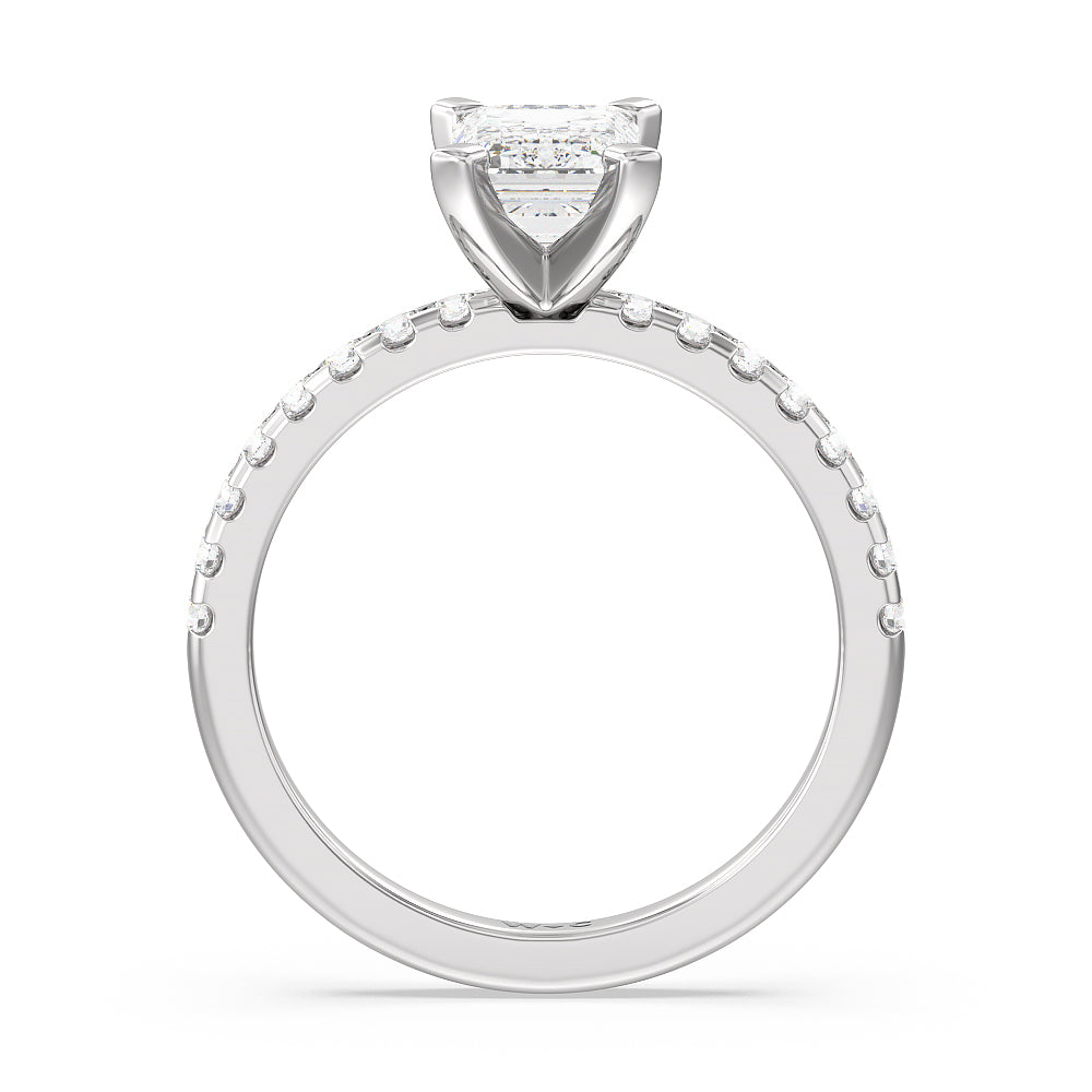 Vela Medi Traditional Pave Diamond Engagement Ring with Emerald Cut Diamond in 14KT Platinum view 2
