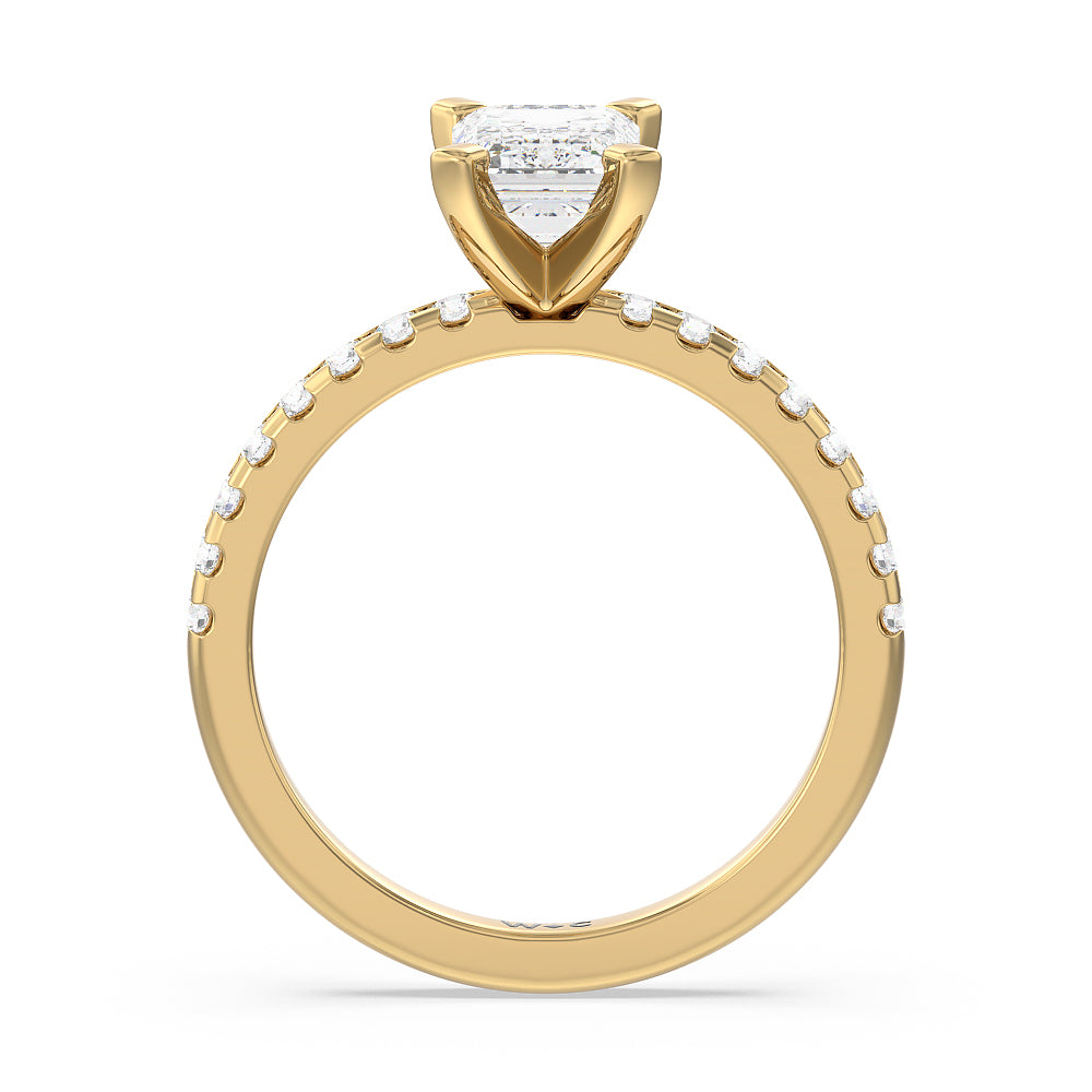 Vela Medi Traditional Pave Diamond Engagement Ring with Emerald Cut Diamond in 14KT Yellow Gold view 2
