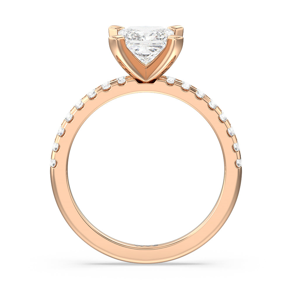Vela Medi Traditional Pave Diamond Engagement Ring with Princess Cut Diamond in 14KT Rose Gold view 2
