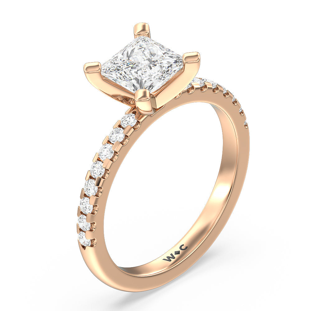 Vela Medi Traditional Pave Diamond Engagement Ring with Princess Cut Diamond in 14KT Rose Gold view 3
