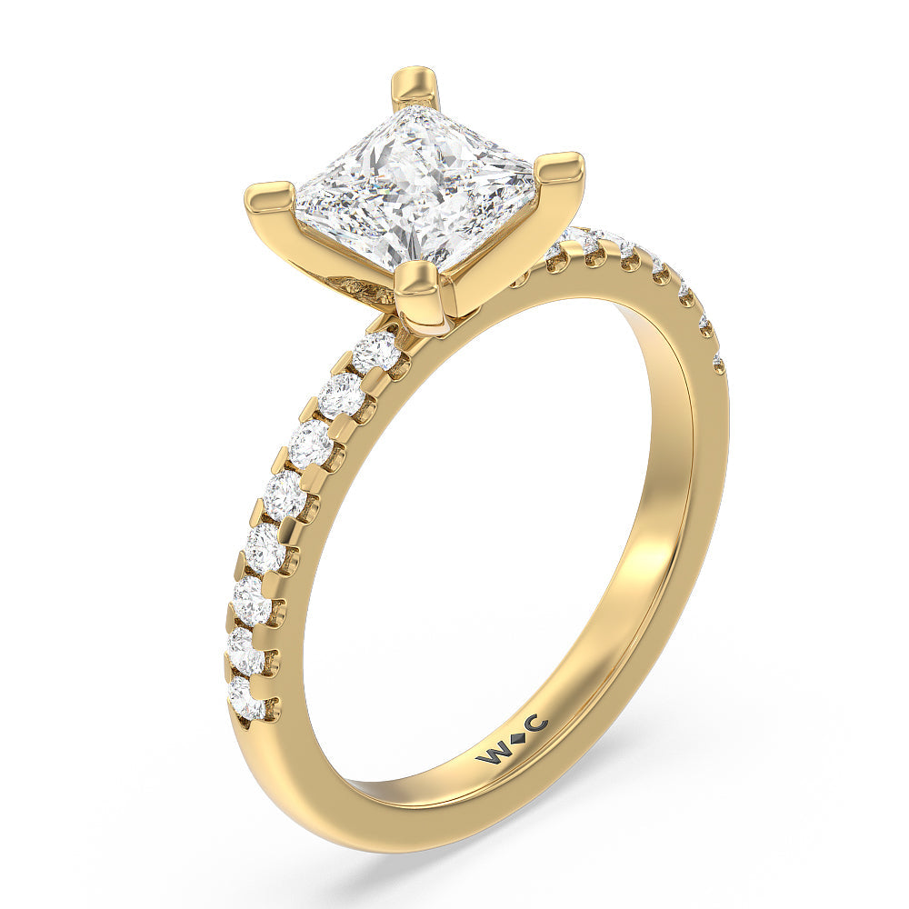 Vela Medi Traditional Pave Diamond Engagement Ring with Princess Cut Diamond in 14KT Yellow Gold view 3
