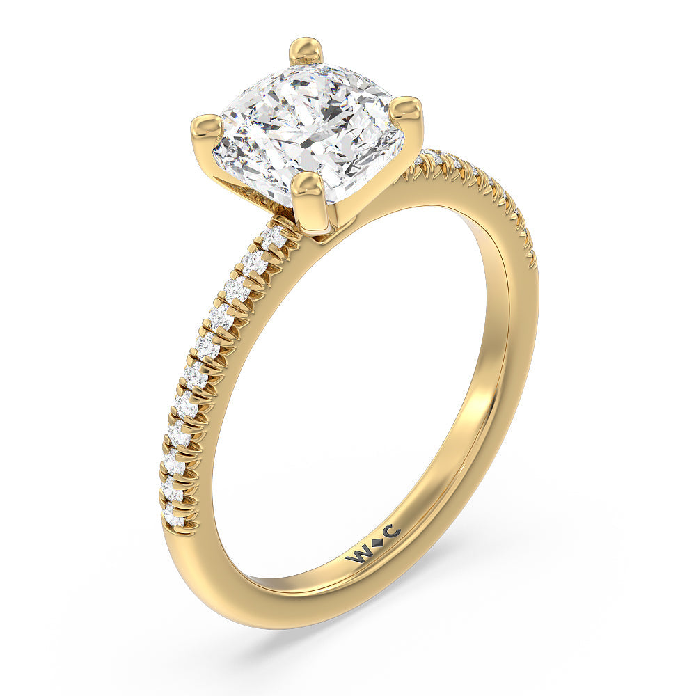 Vela Petite French Set Diamond Engagement Ring with Cushion Cut Diamond in 14KT Yellow Gold view 3
