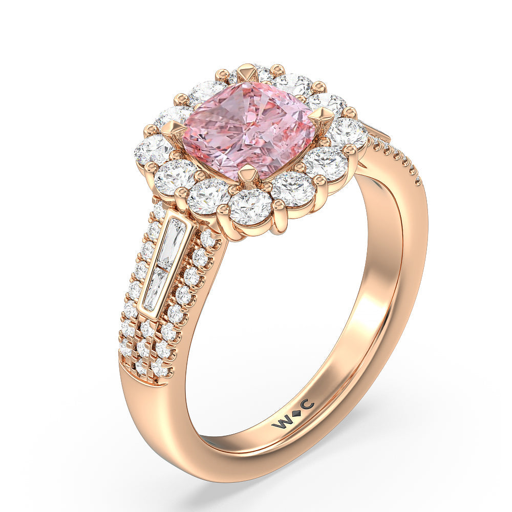 Cushion Cut Fancy Pink Baguette & Round Side Accent Halo Engagement Ring with Lab Grown Diamond in 14KT Rose Gold view 3
