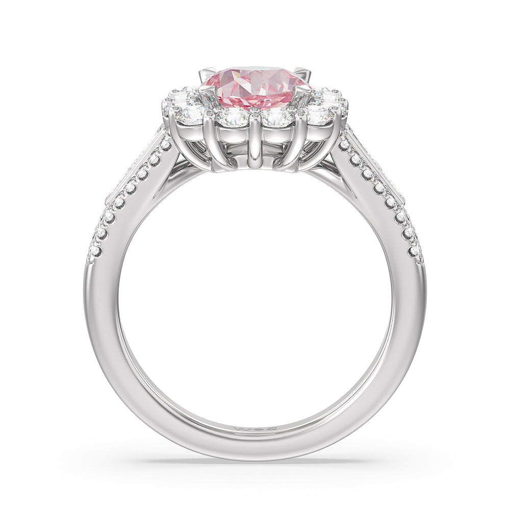 Cushion Cut Fancy Pink Baguette & Round Side Accent Halo Engagement Ring with Lab Grown Diamond in 14KT Platinum view 2
