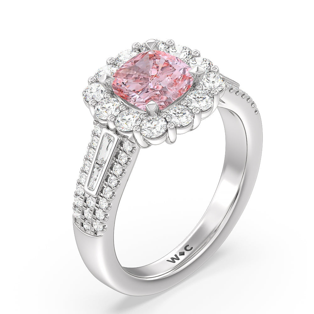 Cushion Cut Fancy Pink Baguette & Round Side Accent Halo Engagement Ring with Lab Grown Diamond in 14KT Platinum view 3
