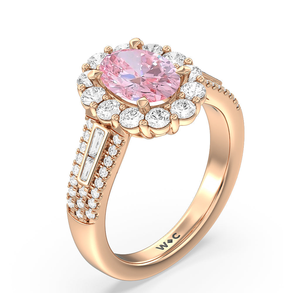Oval Cut Fancy Pink Baguette & Round Side Accent Halo Engagement Ring with Lab Grown Diamond in 14KT Rose Gold view 3
