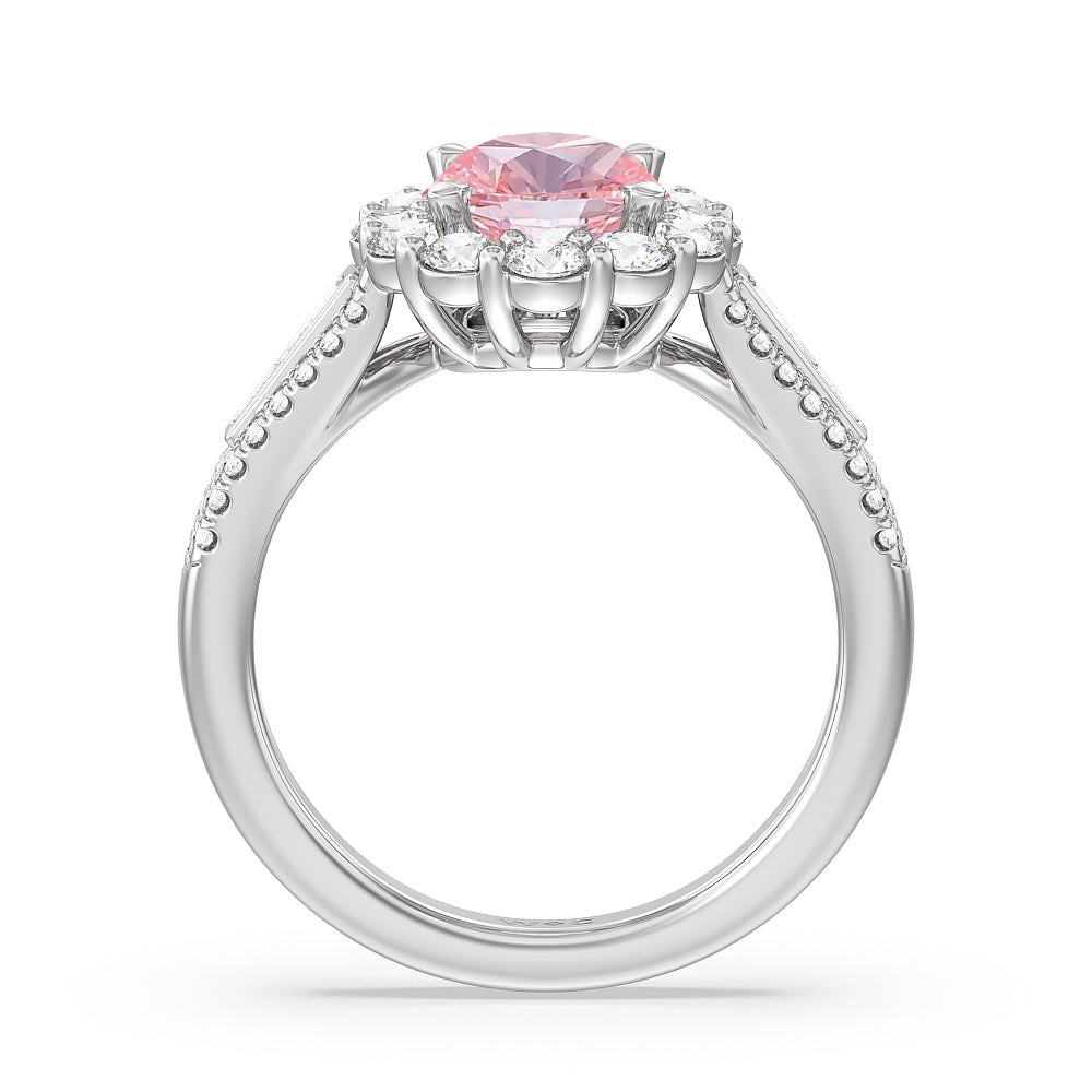 Oval Cut Fancy Pink Baguette & Round Side Accent Halo Engagement Ring with Lab Grown Diamond in 14KT Platinum view 2
