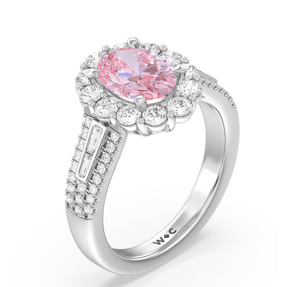 Oval Cut Fancy Pink Baguette & Round Side Accent Halo Engagement Ring with Lab Grown Diamond in 14KT Platinum view 3
