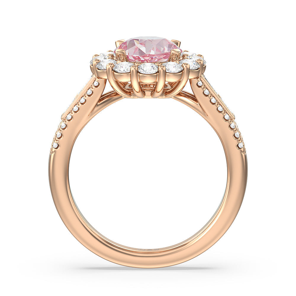 Round Cut Fancy Pink Baguette & Round Side Accent Halo Engagement Ring with Lab Grown Diamond in 14KT Rose Gold view 2
