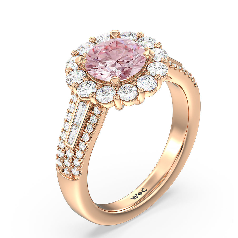 Round Cut Fancy Pink Baguette & Round Side Accent Halo Engagement Ring with Lab Grown Diamond in 14KT Rose Gold view 3
