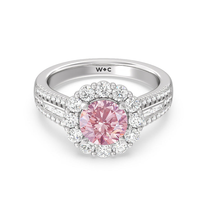 Fancy Pink Baguette & Round Side Accent Halo Engagement Ring