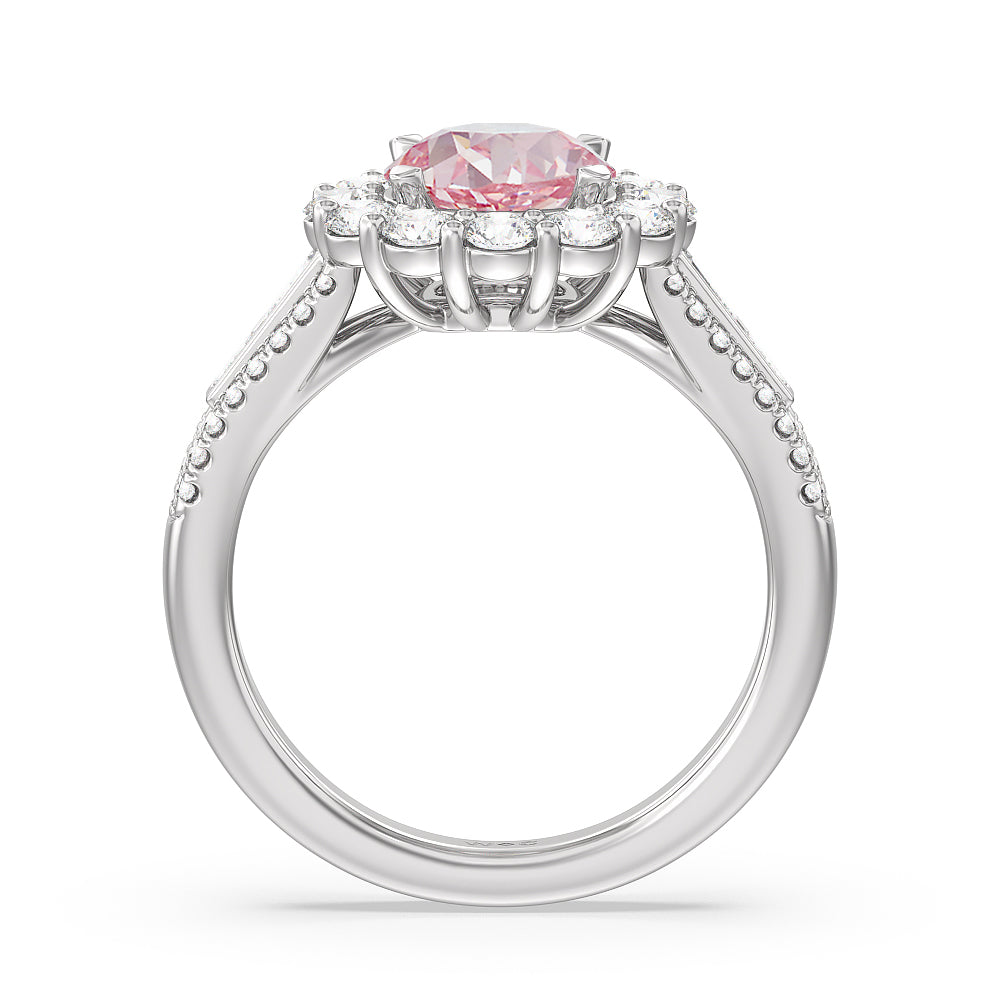 Round Cut Fancy Pink Baguette & Round Side Accent Halo Engagement Ring with Lab Grown Diamond in 14KT Platinum view 2
