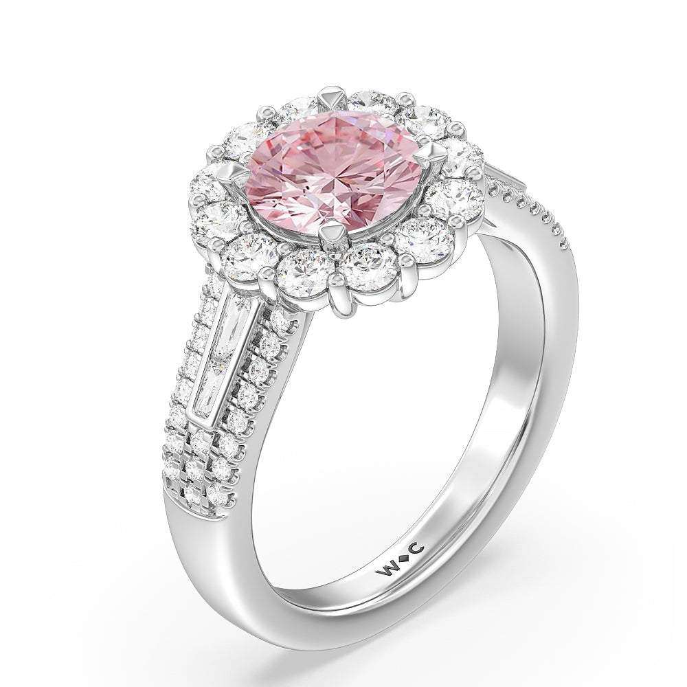Round Cut Fancy Pink Baguette & Round Side Accent Halo Engagement Ring with Lab Grown Diamond in 14KT Platinum view 3

