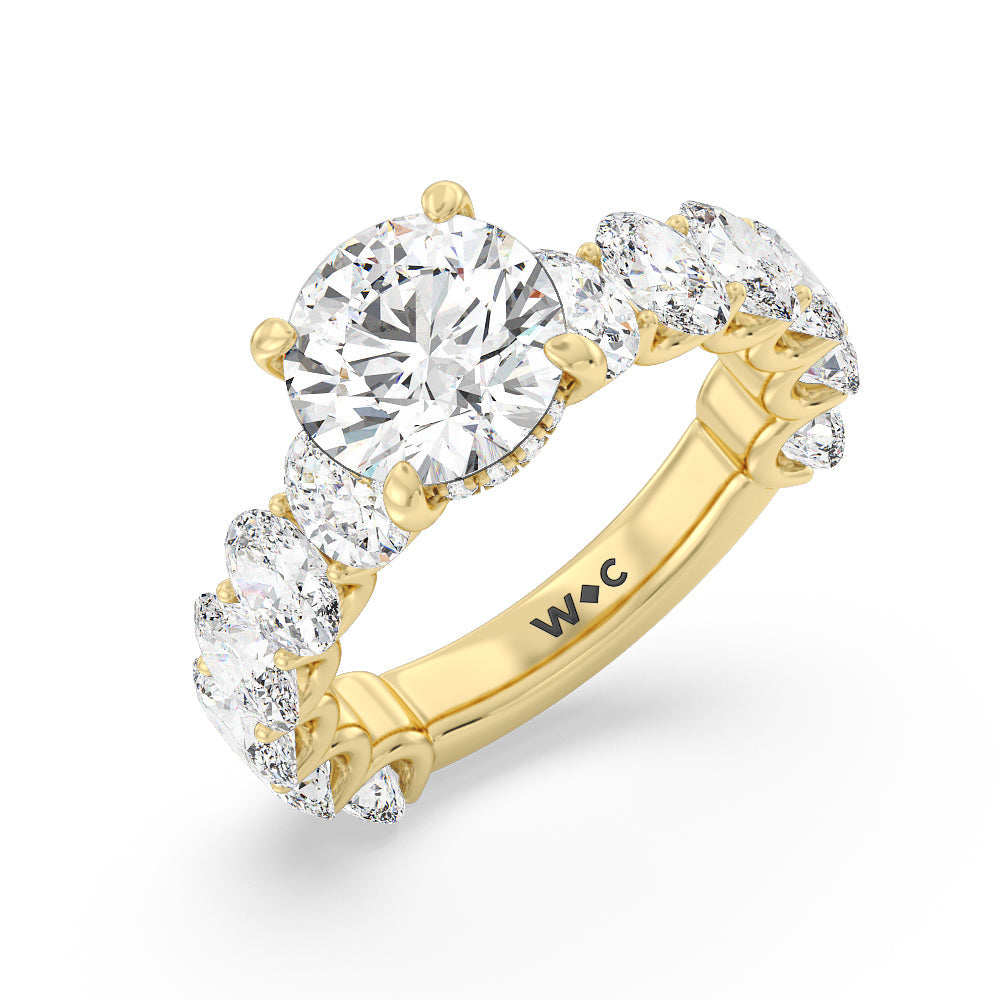 Round Cut U-Prong Oval Side Studded Engagement Ring with Lab Grown Diamond in 14KT Yellow Gold view 3
