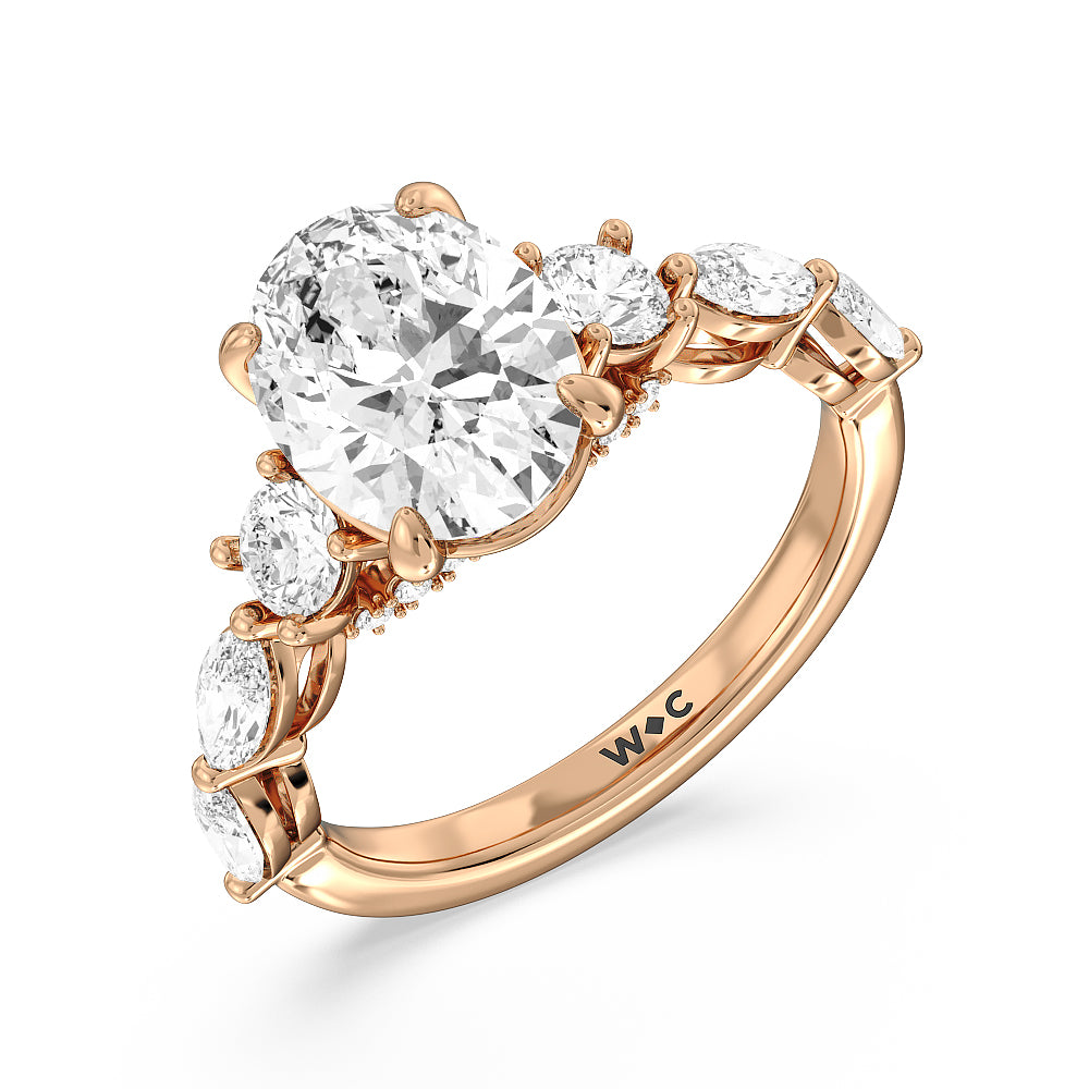 Fancy Cut Side Stone with Bridge Accent Engagement Ring with Oval Cut Diamond in 14KT Rose Gold view 3
