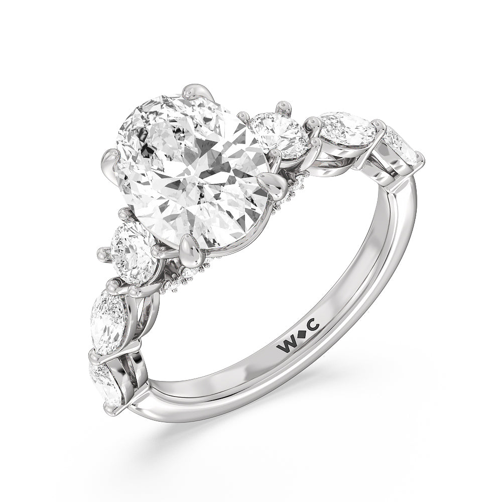 Fancy Cut Side Stone with Bridge Accent Engagement Ring with Oval Cut Diamond in 14KT Platinum view 3
