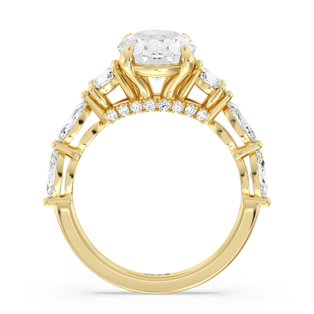 Fancy Cut Side Stone with Bridge Accent Engagement Ring with Oval Cut Diamond in 14KT Yellow Gold view 2

