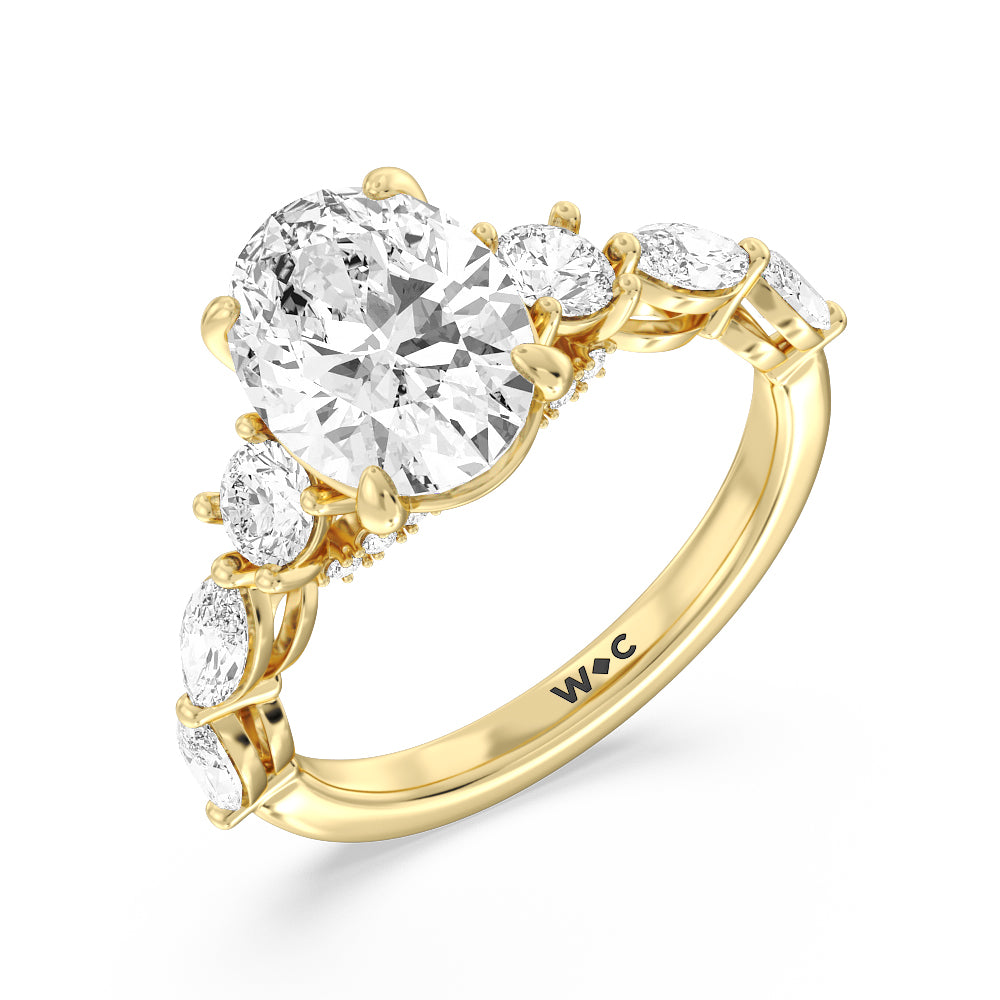 Fancy Cut Side Stone with Bridge Accent Engagement Ring with Oval Cut Diamond in 14KT Yellow Gold view 3
