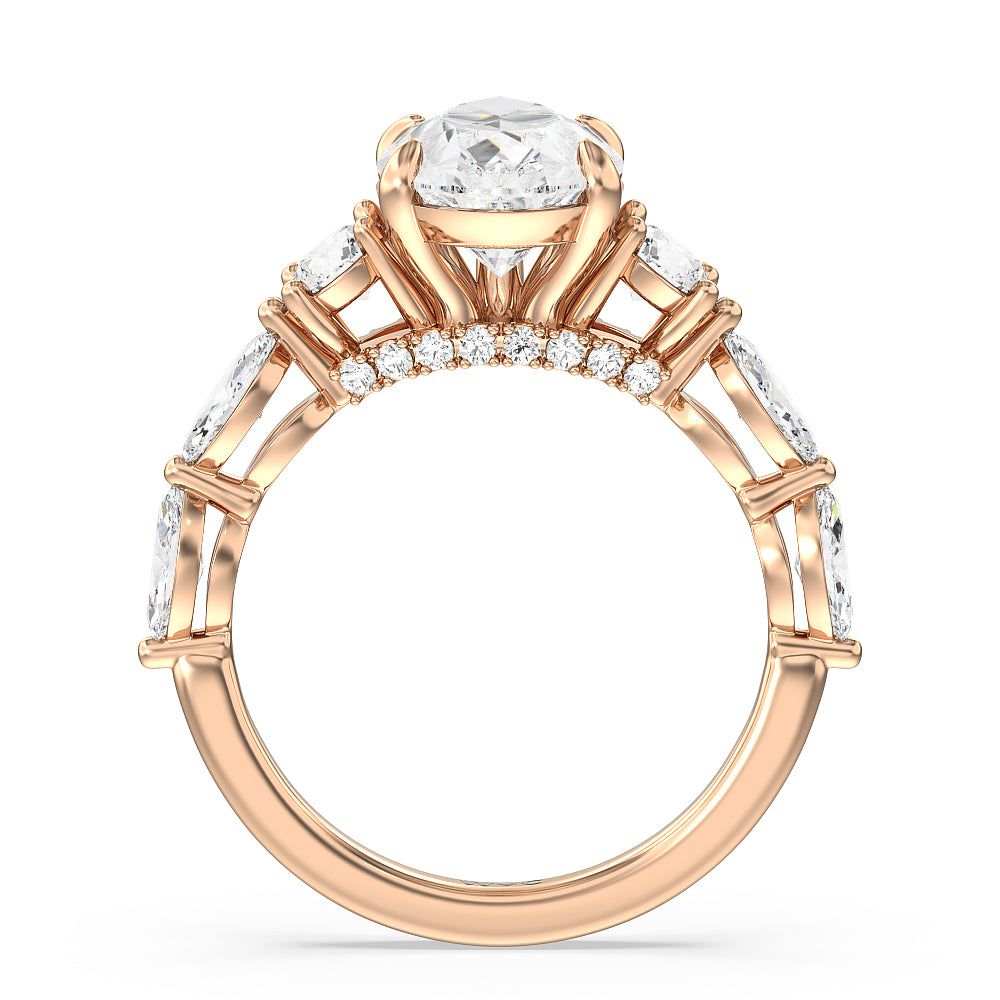 Fancy Cut Side Stone with Bridge Accent Engagement Ring with Pear Cut Diamond in 14KT Rose Gold view 2
