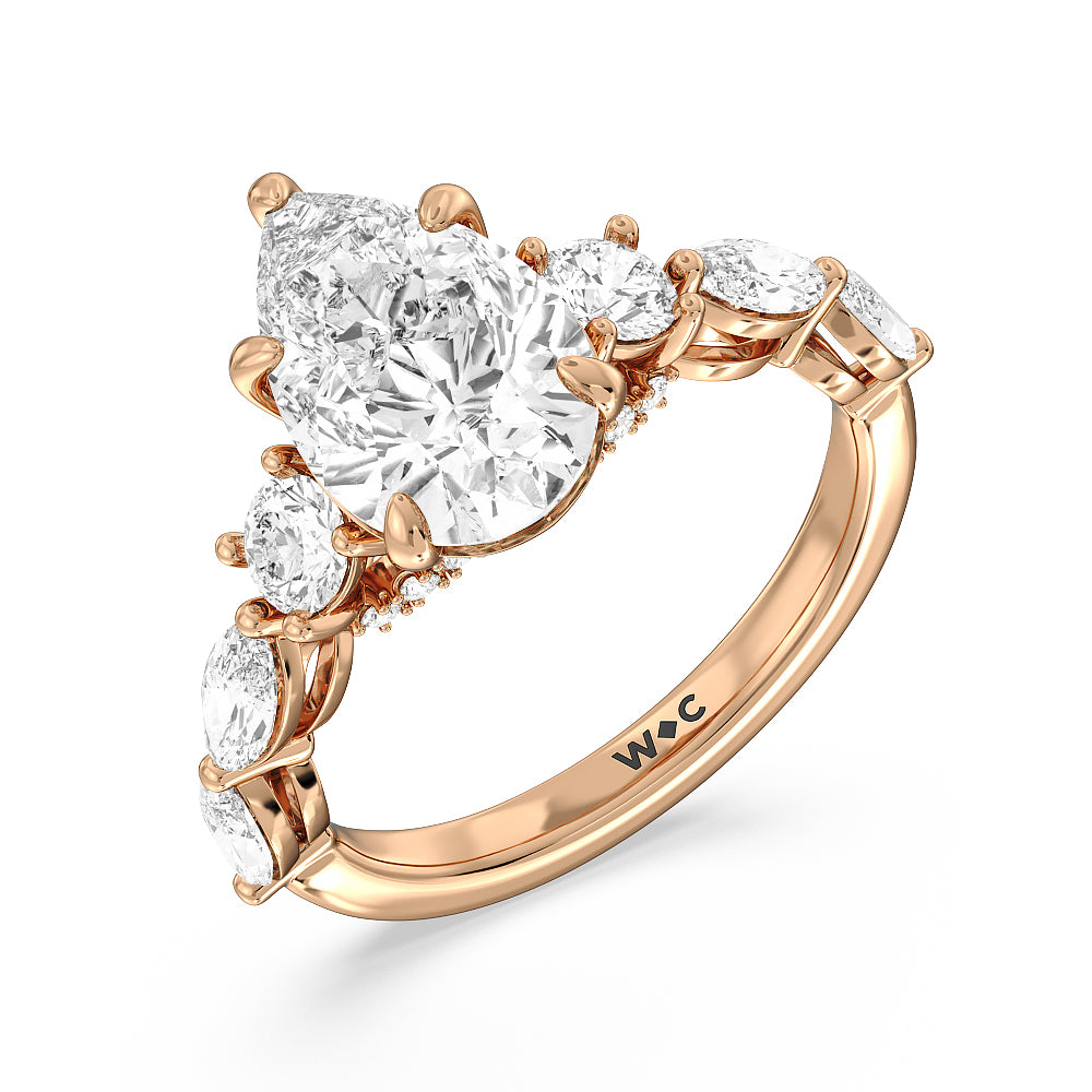 Fancy Cut Side Stone with Bridge Accent Engagement Ring with Pear Cut Diamond in 14KT Rose Gold view 3
