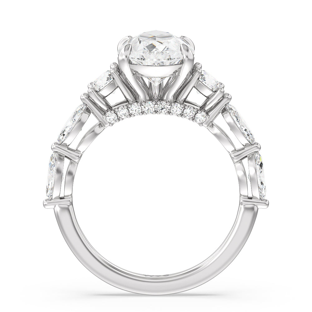Fancy Cut Side Stone with Bridge Accent Engagement Ring with Pear Cut Diamond in 14KT Platinum view 2
