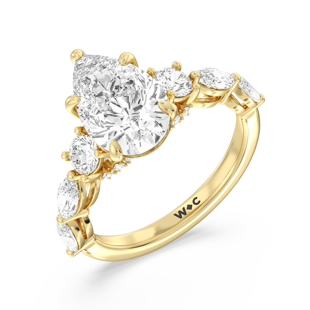 Fancy Cut Side Stone with Bridge Accent Engagement Ring with Pear Cut Diamond in 14KT Yellow Gold view 3
