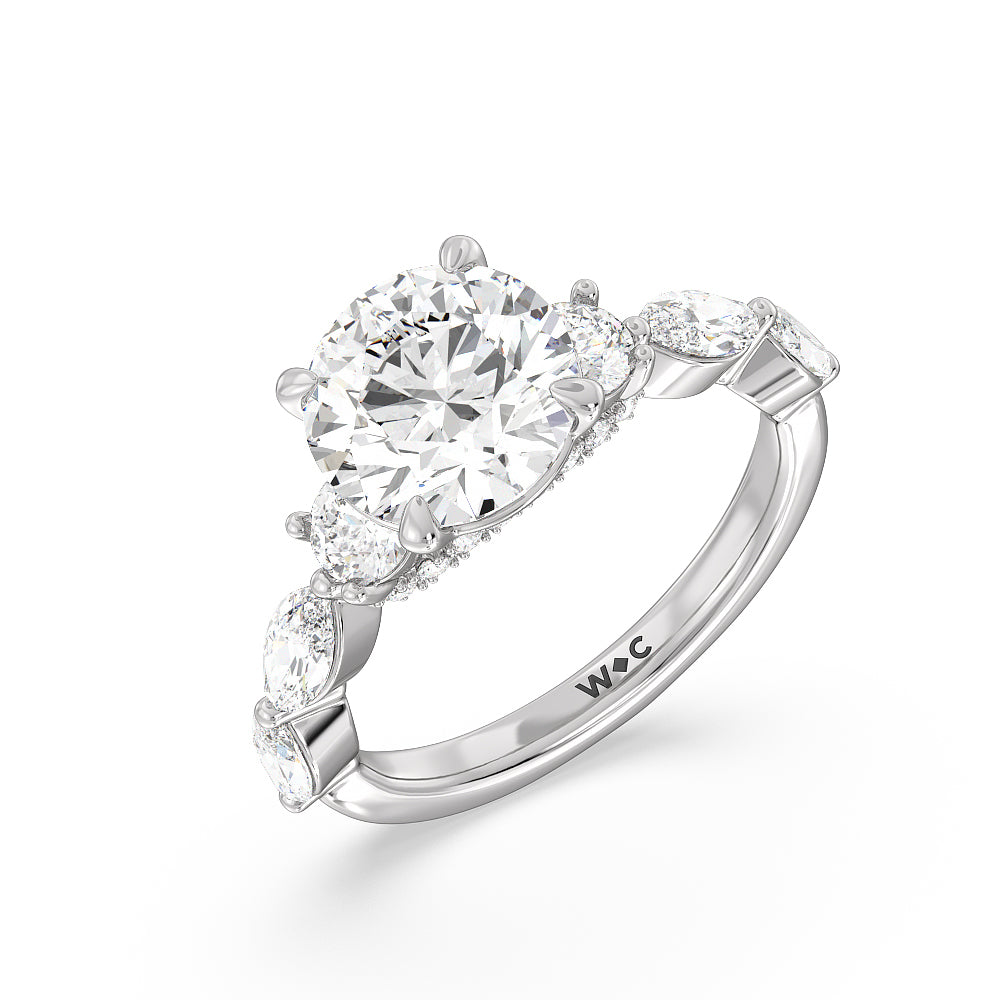 Fancy Cut Side Stone with Bridge Accent Engagement Ring with Round Cut Diamond in 14KT Platinum view 3
