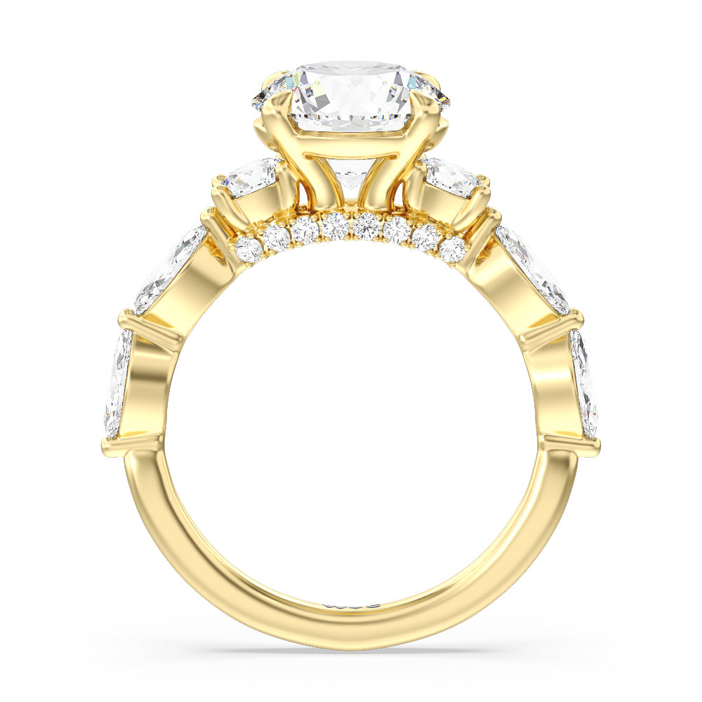 Fancy Cut Side Stone with Bridge Accent Engagement Ring with Round Cut Diamond in 14KT Yellow Gold view 2
