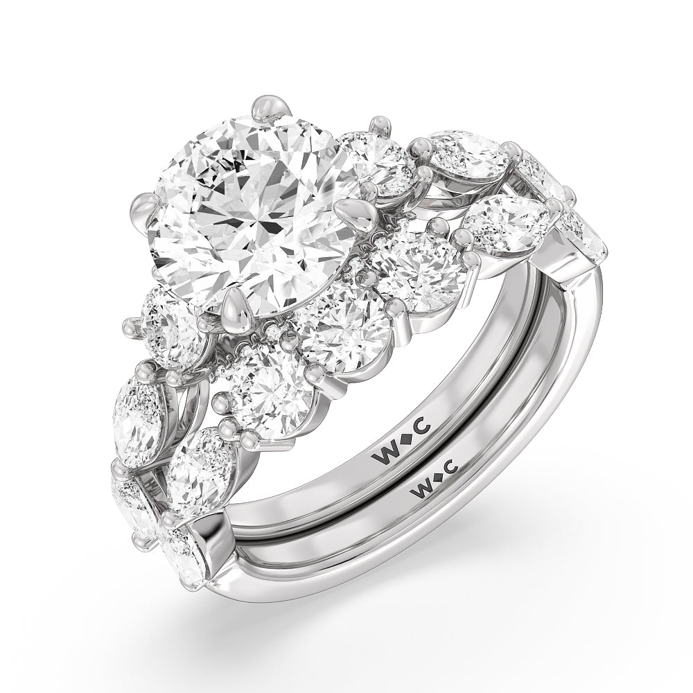 Fancy Cut Side Stone with Bridge Accent Diamond Wedding Band with Platinum Cut Diamond in 14KT Platinum view 3
