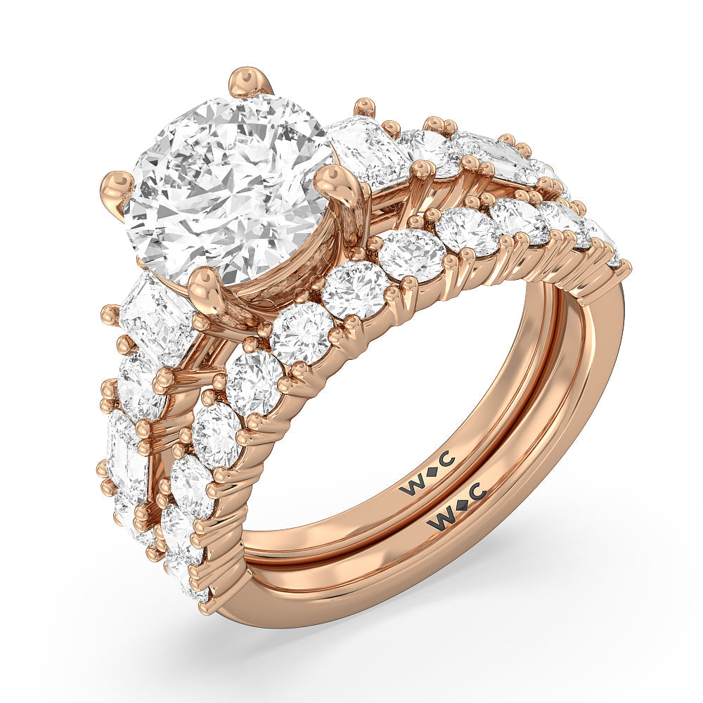 Emerald and Round Side Stone Diamond Wedding Band with 18KT Rose Gold Cut Diamond in 14KT Rose Gold view 3
