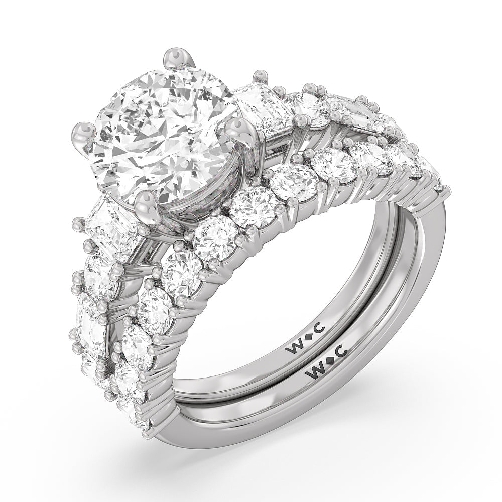 Emerald and Round Side Stone Diamond Wedding Band with Platinum Cut Diamond in 14KT Platinum view 3
