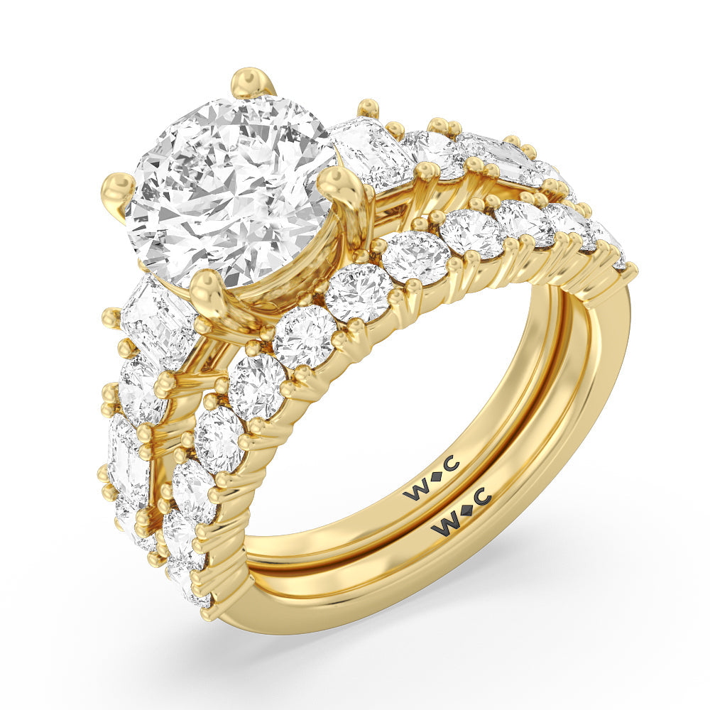 Emerald and Round Side Stone Diamond Wedding Band with 18KT Yellow Gold Cut Diamond in 14KT Yellow Gold view 3
