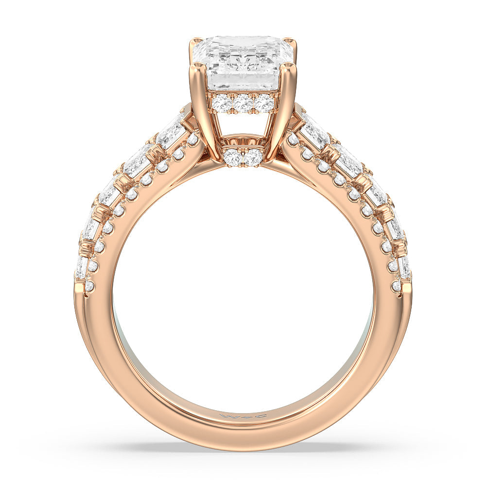 Emerald Side Stone Broad Band Hidden Halo Engagement Ring with Emerald Cut Diamond in 14KT Rose Gold view 2
