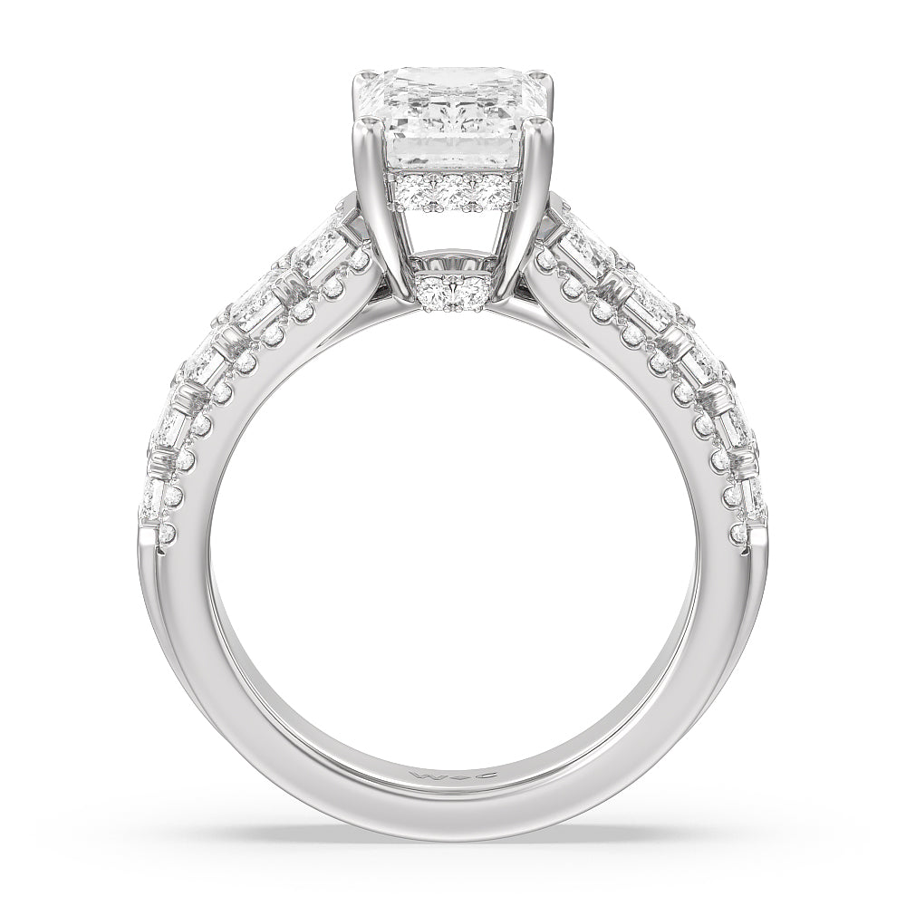 Emerald Side Stone Broad Band Hidden Halo Engagement Ring with Emerald Cut Diamond in 14KT Platinum view 2
