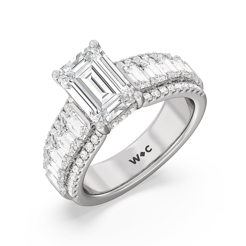 Emerald Side Stone Broad Band Hidden Halo Engagement Ring with Emerald Cut Diamond in 14KT Platinum view 3
