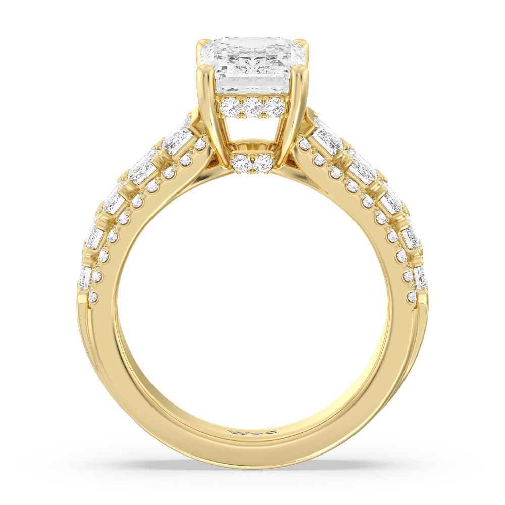 Emerald Side Stone Broad Band Hidden Halo Engagement Ring with Emerald Cut Diamond in 14KT Yellow Gold view 2
