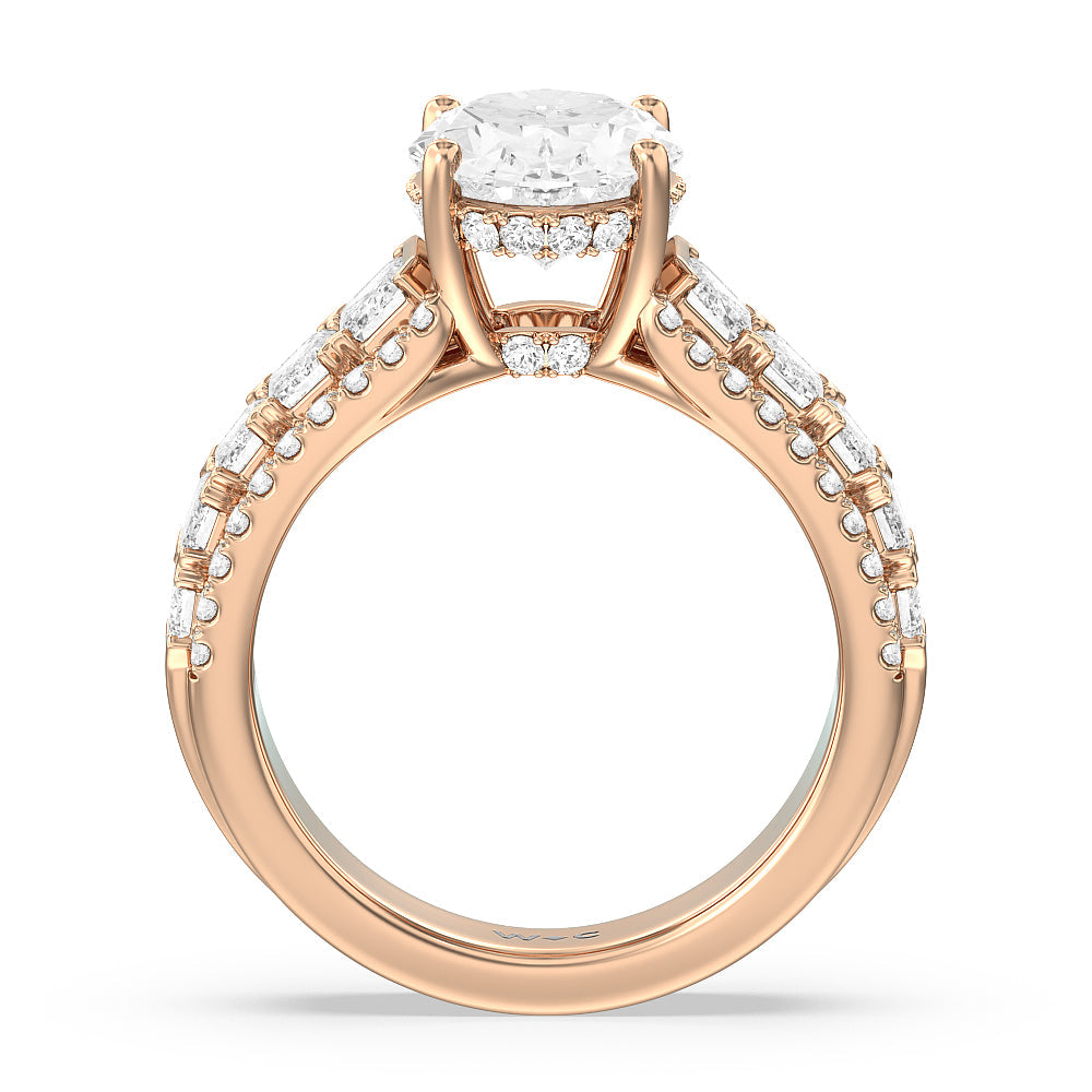 Emerald Side Stone Broad Band Hidden Halo Engagement Ring with Oval Cut Diamond in 14KT Rose Gold view 2
